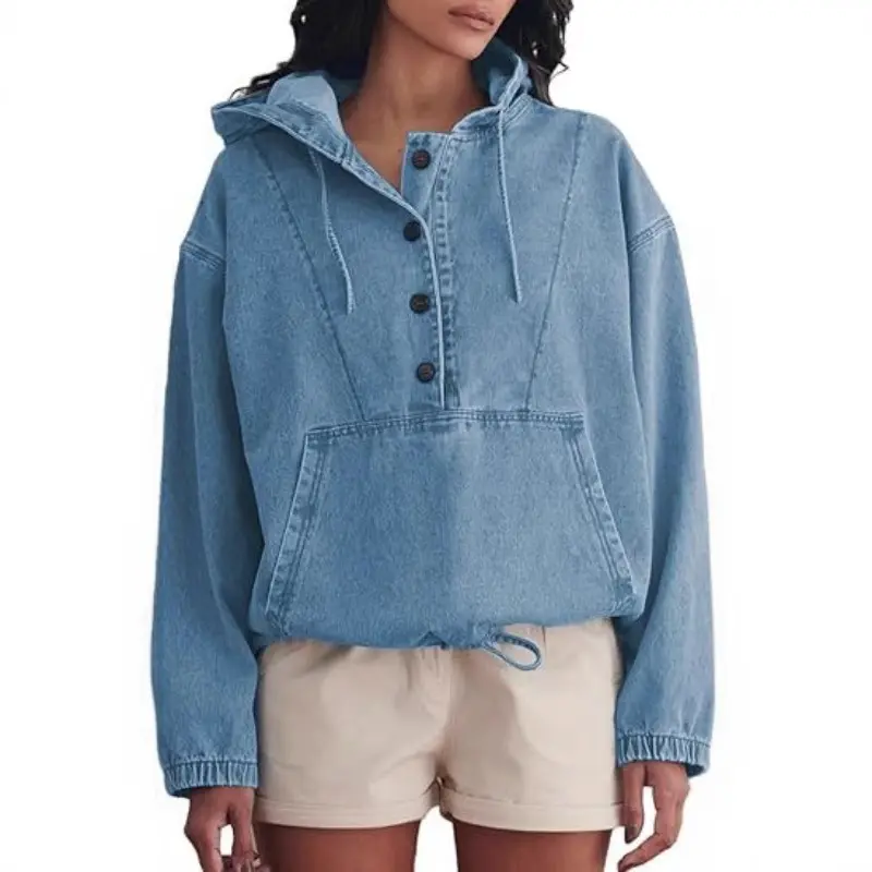 Women's Fashion Denim Hoodie Button-Down Pullover Jacket Denim Sweatshirt Top