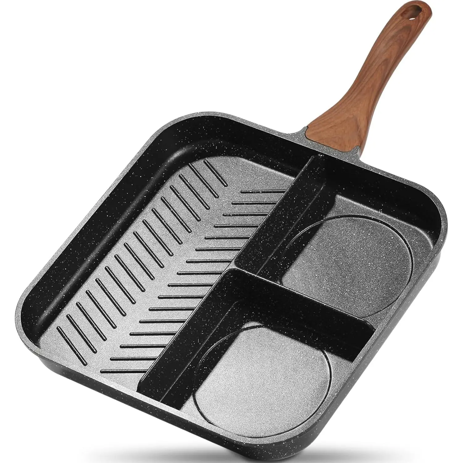 Nonstick Divided Grill Pan for Stove Tops, 11 Inch Versatile 3-In-1 Breakfast Pan, Square Big Grilling Steak Pan for Indoor & Outdoor Cooking, PTFE & PFOA Free, Black