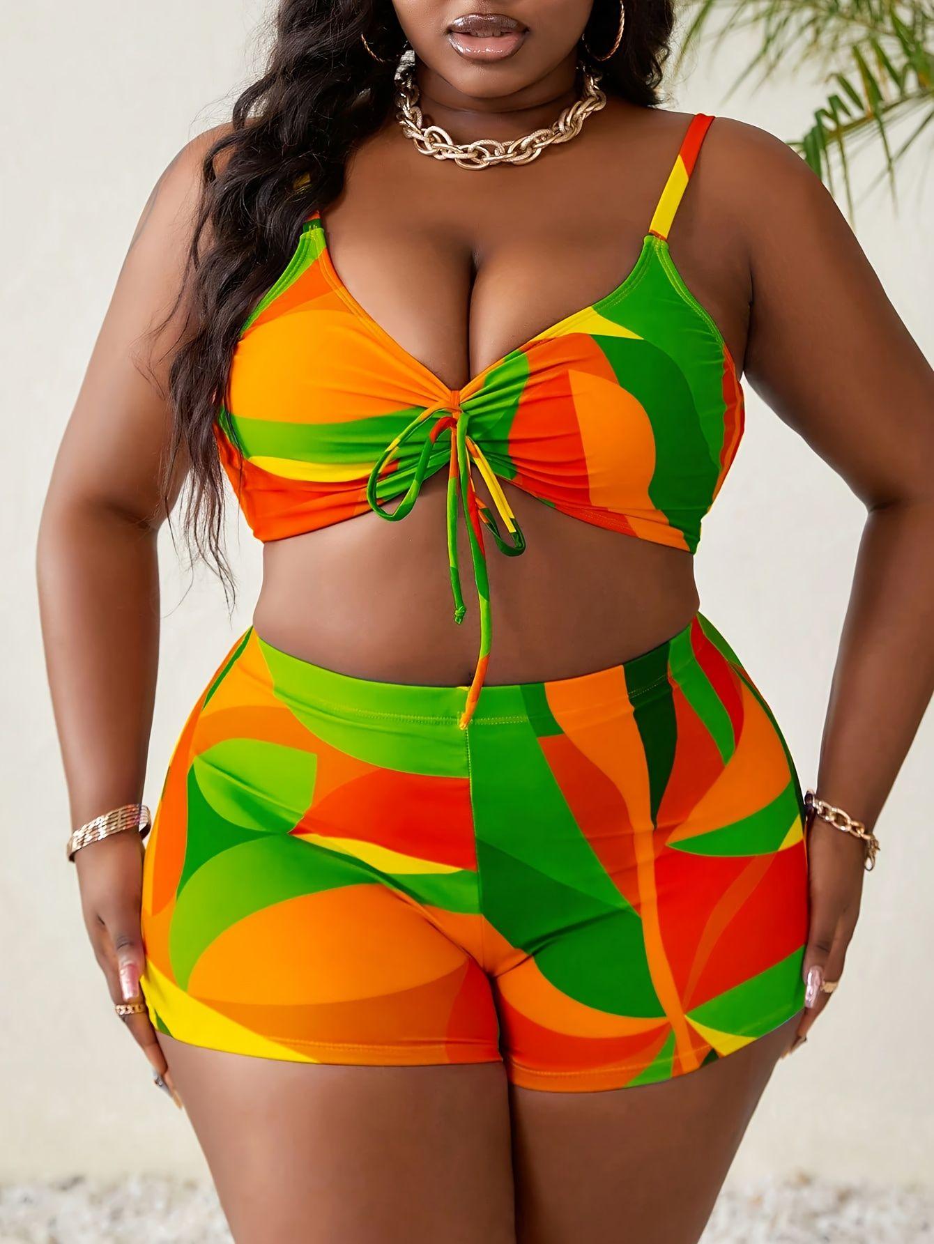Plus Size Multi-Color Patchwork Printed V-Neck Camisole Boxer Shorts Slim Fit Covering Women's Beach Vacation Swimsuit Three-Piece Set cheeky bikini collection