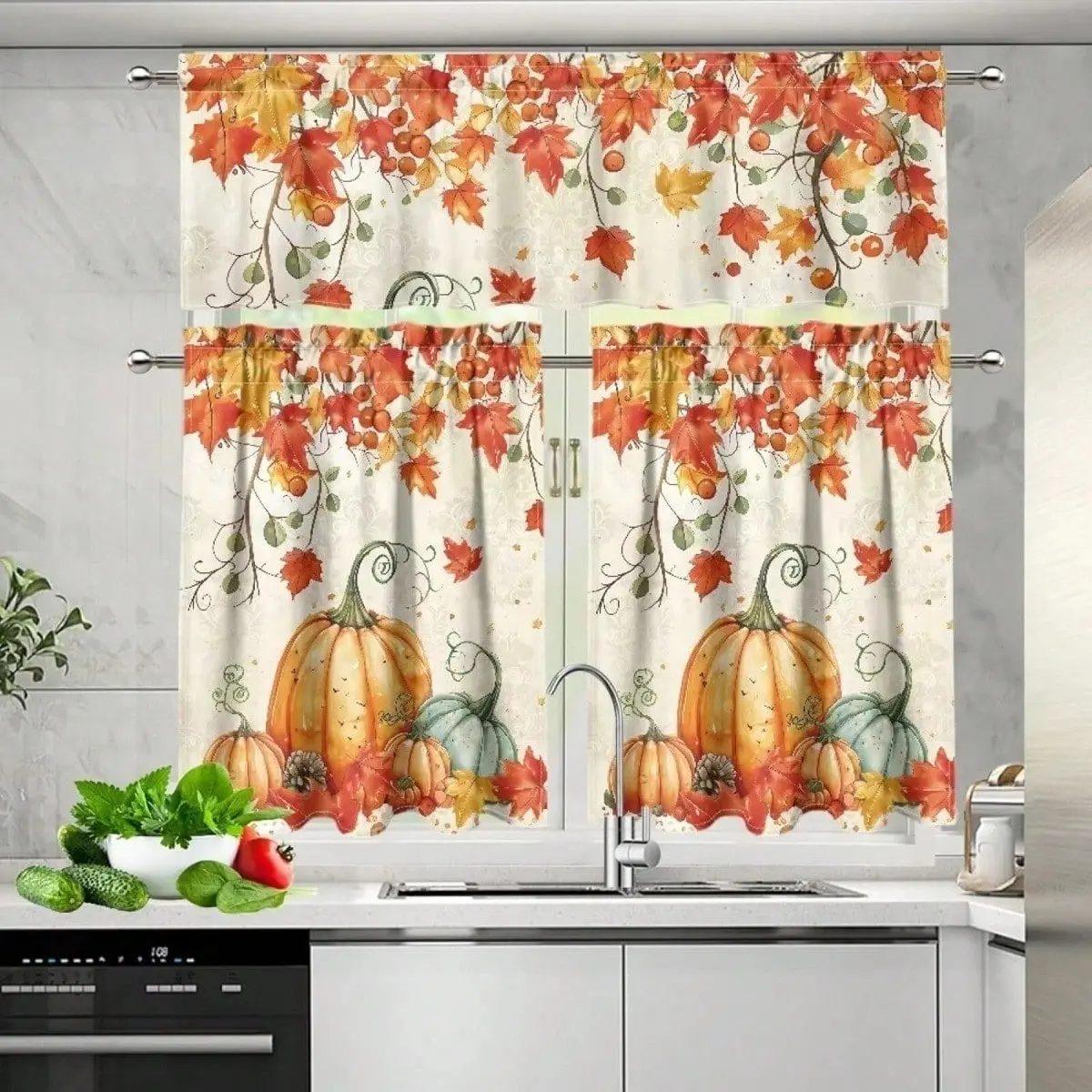 3-piece autumn maple leaf pumpkin printed curtain set, suitable for living room, bedroom, kitchen, Thanksgiving decoration, as a gift for friends