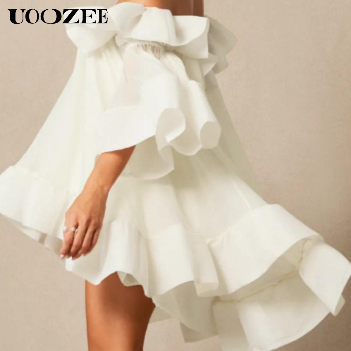 UOOZEE Women's White Off-Shoulder Mini Dress, Cascade Ruffle Sleeves High-Low Hem Pleated Party Dress New Stylish Flowy Dress(Sizing Runs Small - Check Size Guide or Order Larger) UOOZEE Women's White Off-Shoulder Mini Dress, Cascade Ruffle Sleeves High-Low Hem Pleated Party Dress New Stylish Flowy Dress(Sizing Runs Small - Check Size Guide or Order Larger)