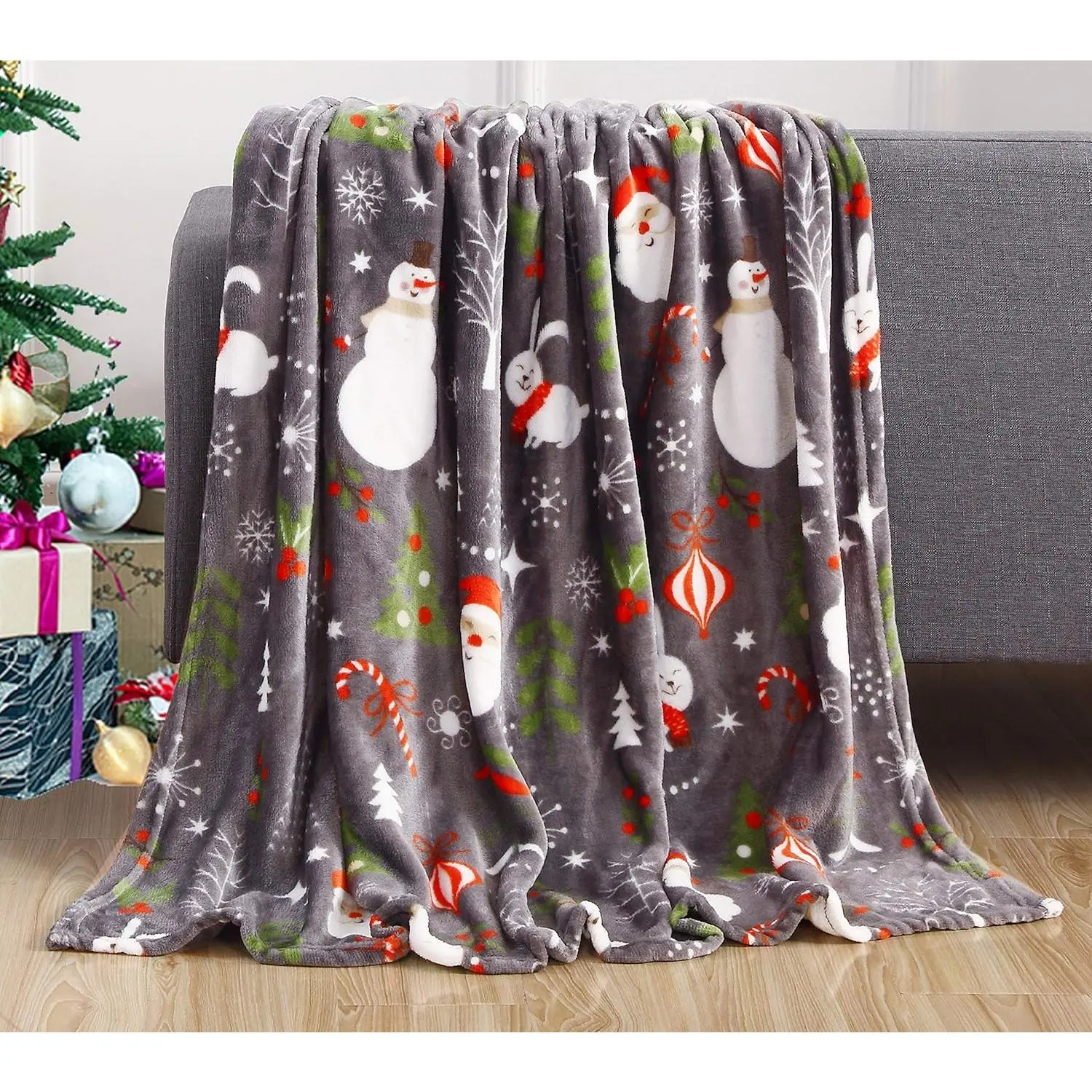 Elegant Luxury Velvet Soft Christmas Prints Fleece Blanket-Theme Home  Fuzzy Warm and Cozy Throws for Winter Bedding, Couch and Gift, 50 x 60 inch, Santa Snowman Gray