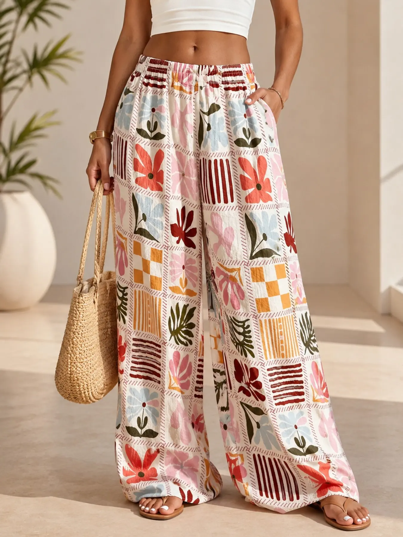 Women's Patchwork Floral Print Elastic Waist Wide Leg Pants, Casual Loose Boho Summer Palazzo Trousers, Lightweight Vacation Flow Pants