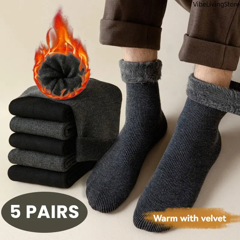 5 Pairs Men's Thick Thermal Winter Socks, Warm Insulated Cold Weather Hiking Snow Crew Socks, Soft Cushioned Long Socks for Outdoor Work Hiking, Black