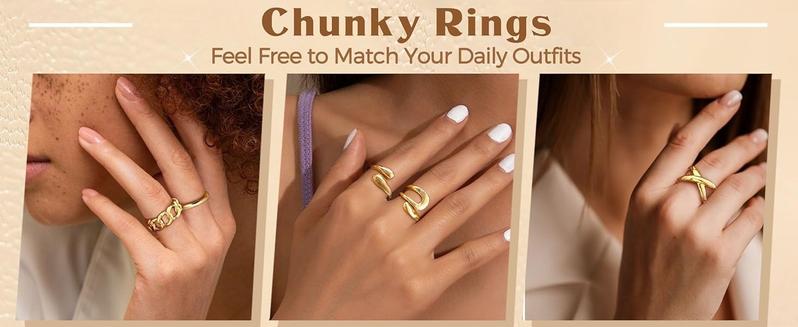 THUNARAZ 12 Pcs Chunky 16K Gold Plated Golden Rings for Women Men Adjustable Open Elegant Rings Twisted Round Signet Rings for Gift Size 6-7 Open Stackable Rings Elegant Noble Twisted Round Signet Rings Gifts for Christmas