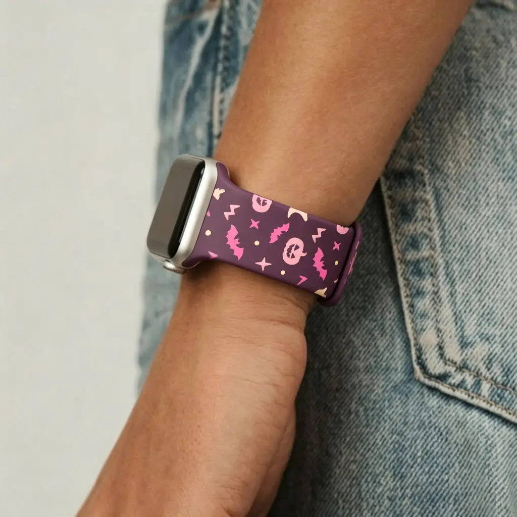 Dark Purple Pumpkin Ghost Pink Bat Star Print Silicone Watch Band, Cute Halloween Replacement Strap, Soft Smart Watch Wrist Accessory For Holiday Outfits