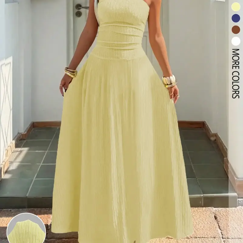 Women's New Cream Yellow Textured Knit Strapless Maxi Dress, Chic, Fit, Summer ,Summer Dress, Formal Party Dress