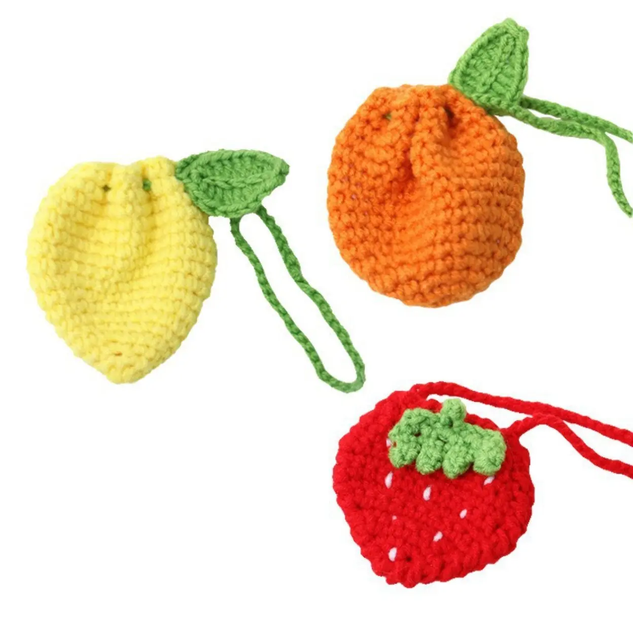 Handmade Crochet Fruit Drawstring Pouch Set, Lemon Orange Strawberry Tangerine Mini Bags, Cotton Coin Purse & Earbuds Case, Cute Gift for Women & Girls