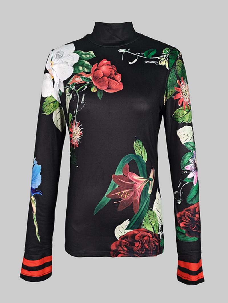 Women's Floral Print Long Sleeve Tee, Elegant Stand Collar T-shirt for Fall & Winter, Women's Clothing for Daily Wear, Casual Fashionable Top, Classy Tops, Womenswear