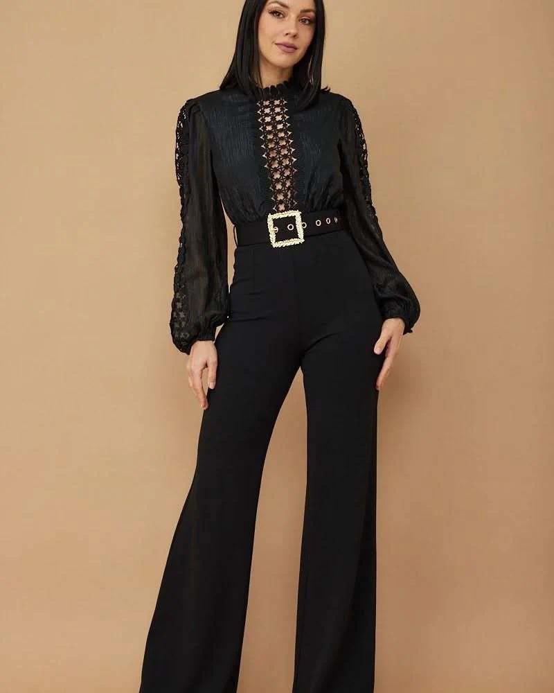 Woman Jumpsuit Birthday Long Sleeve Hollow Out High Waist One Pieces Overalls Club Party Outfits with Belt