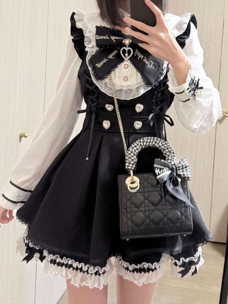 Kawaii Lolita Suits Harajuku Sweet Lace Patchwork Slim Fit Blouse +  High Waist Skirts Women Spring New Black Two Piece Sets