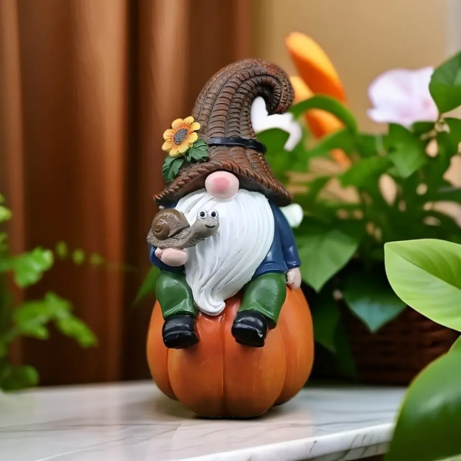 Resin Elf Pumpkin Statue, Retro Style Holiday Home Decor, Charming Accent for Halloween, Thanksgiving & Christmas, Mantel, Tabletop & Shelf