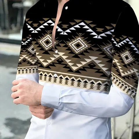 Men's Long Sleeve Shirt, Ethnic Style Geometric Pattern Patchwork Lapel Casual Top, Casual Trendy Shirt, Suitable for Casual and Sports Scenarios, Patchwork Print Shirt