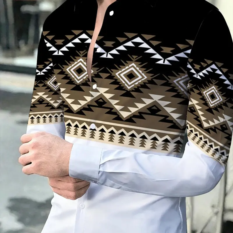 Men's Long Sleeve Shirt, Ethnic Style Geometric Pattern Patchwork Lapel Casual Top, Casual Trendy Shirt, Suitable for Casual and Sports Scenarios, Patchwork Print Shirt