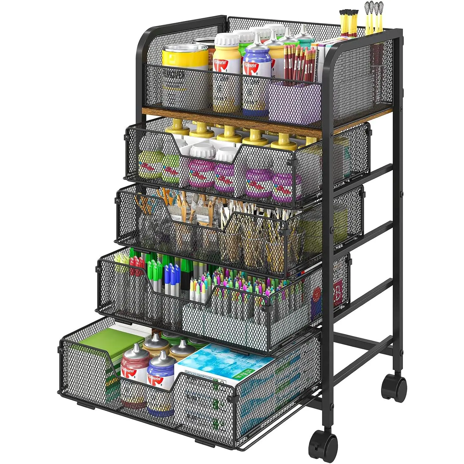 5-Tier Craft Cart with Wheels-Rolling Storage Cart with Drawers,Rolling Utility Cart with DIY Divider,Art Supply Organizer Cart,Rolling Cart with Drawers,Craft Organizers and Storage,Black