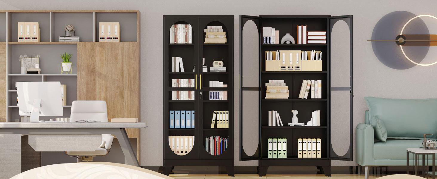 61"  71"  75" Tall Display Cabinet with Glass Door, 5 Tier Metal Curio Cabinet with 4 Adjustable Shelves, Locking Glass Display Case for Collectibles, Showcase Storage Cabinets for Showroom Clinic, White