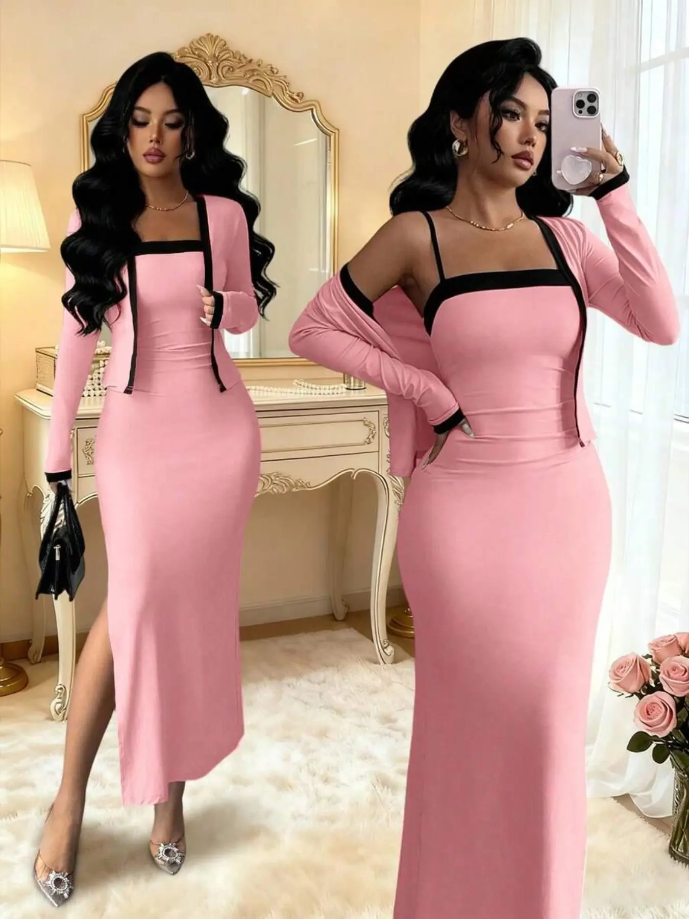 Elegant Two-Piece Women's Long Sleeve Cardigan and Tank Dress Set, Formal Wear, Fancy Dress, Elegant Party Wear, Perfect for Parties, Holidays, Daily Wear, Christmas, Halloween, Valentine's Day