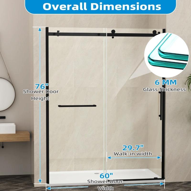60"W x 76"H Shower Door - Frameless Single Sliding Style, Sturdy Clear Tempered Glass, Space-Efficient for Home Bathrooms
