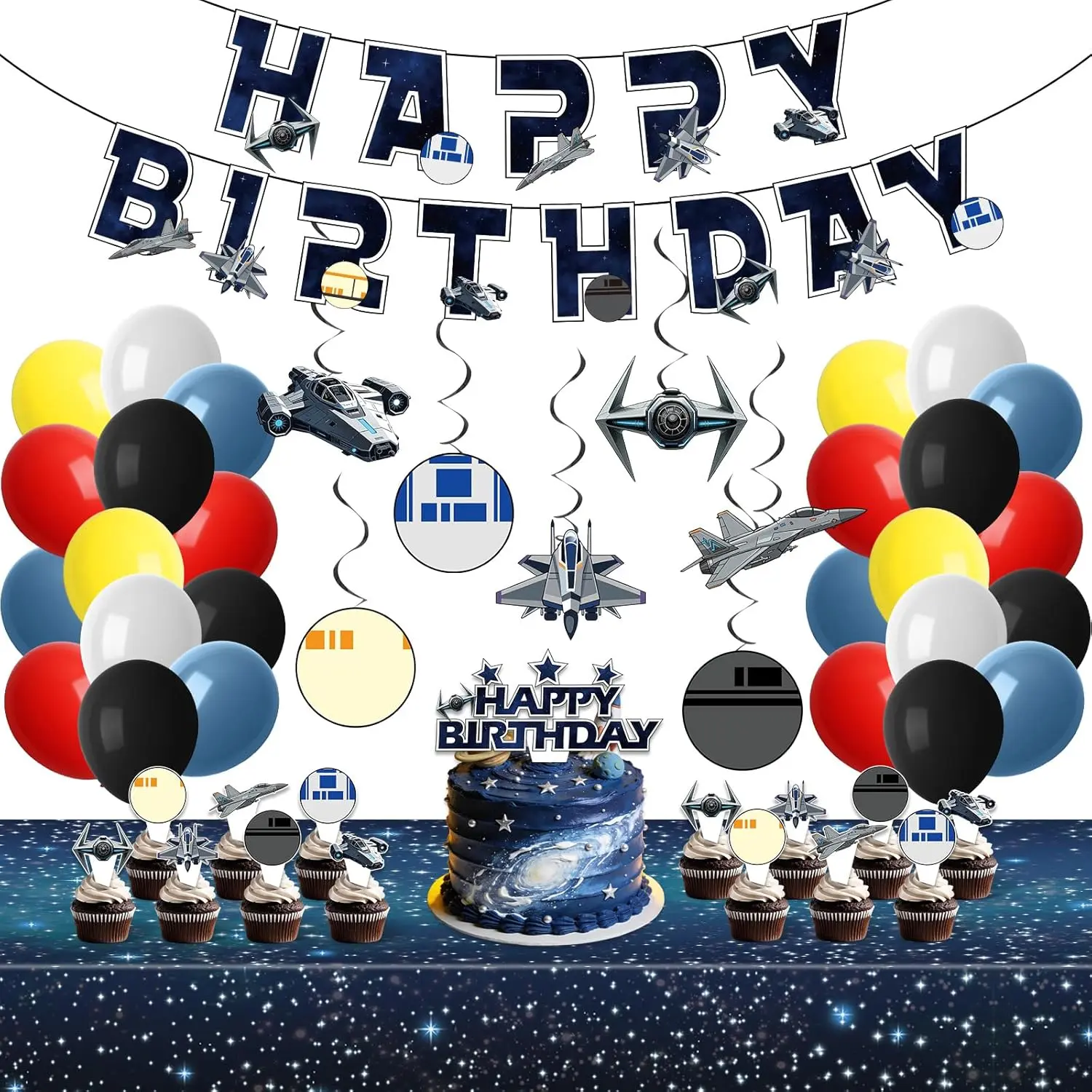 57PCS Galaxy Wars Birthday Party Supplies Universe Wars Decoration Happy Birthday Banner Backdrop Balloons Tablecloth Hanging Swirls Cake Toppers for Space Star Theme Baby Shower Night Sky Party Decor