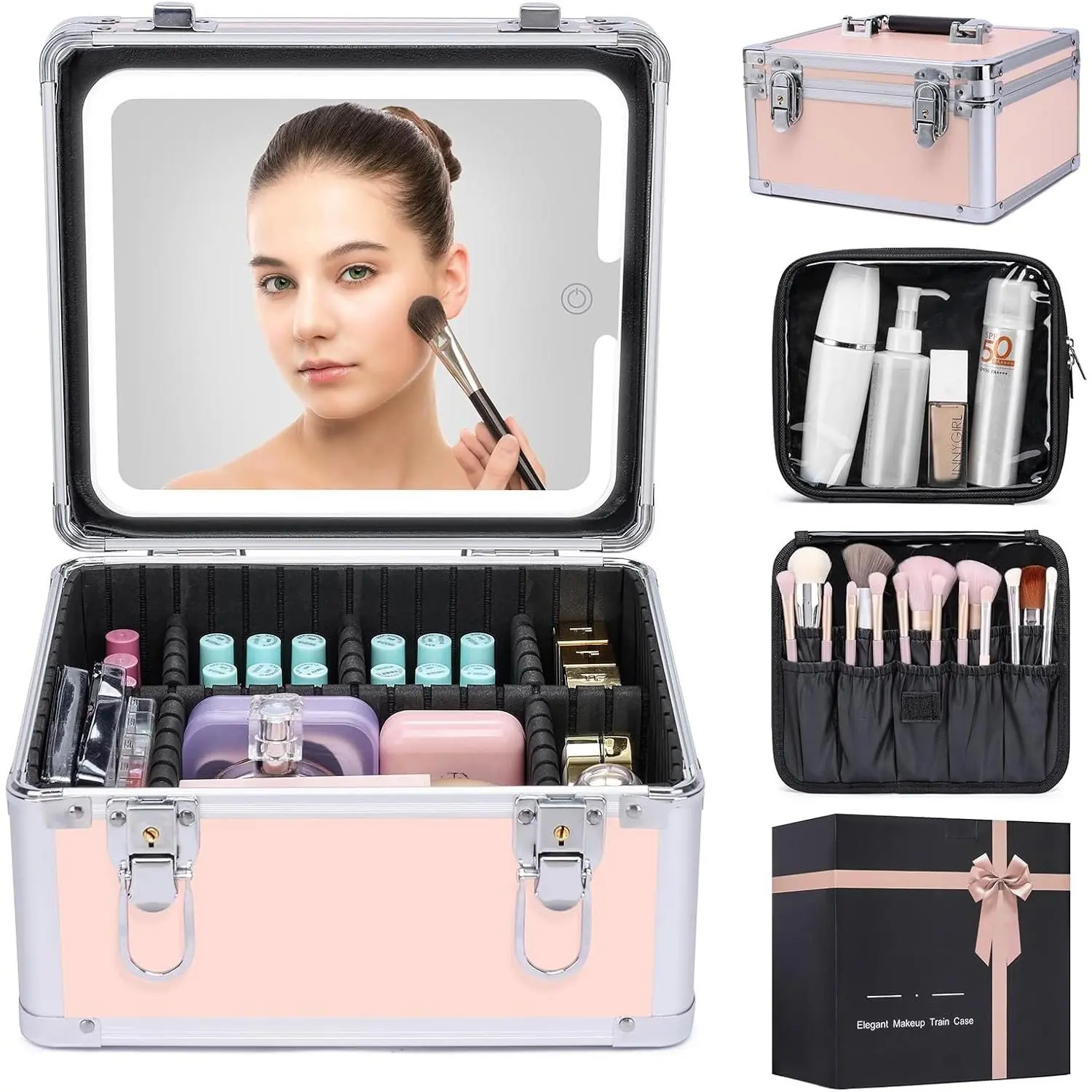 Makeup Box with Led Mirror,Travel  Hard Case with Rechargeable Lighted Mirror Adjustable Dividers, Organizer Storage Bag for Makeup Artists,Appropriate  for Women and Girls,