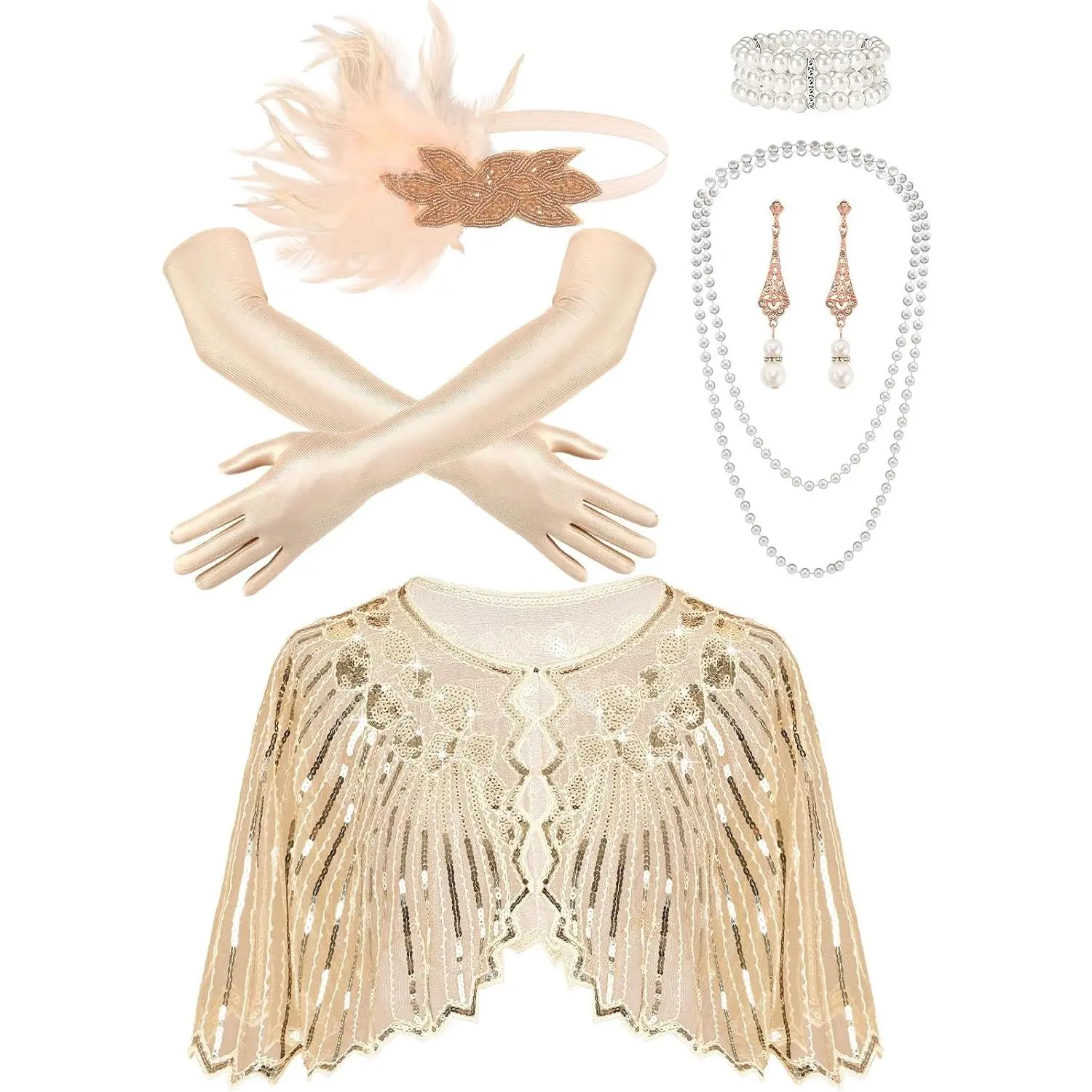 6 count 1920s Flapper Accessories,   Costume Accessories Fashion Roaring 20's Theme Set 20s Flapper Headband Sequined Shawl  Necklace Bracelet Earrings Gloves