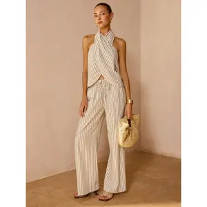Striped Cotton Linen Halter Top & Pant Set
