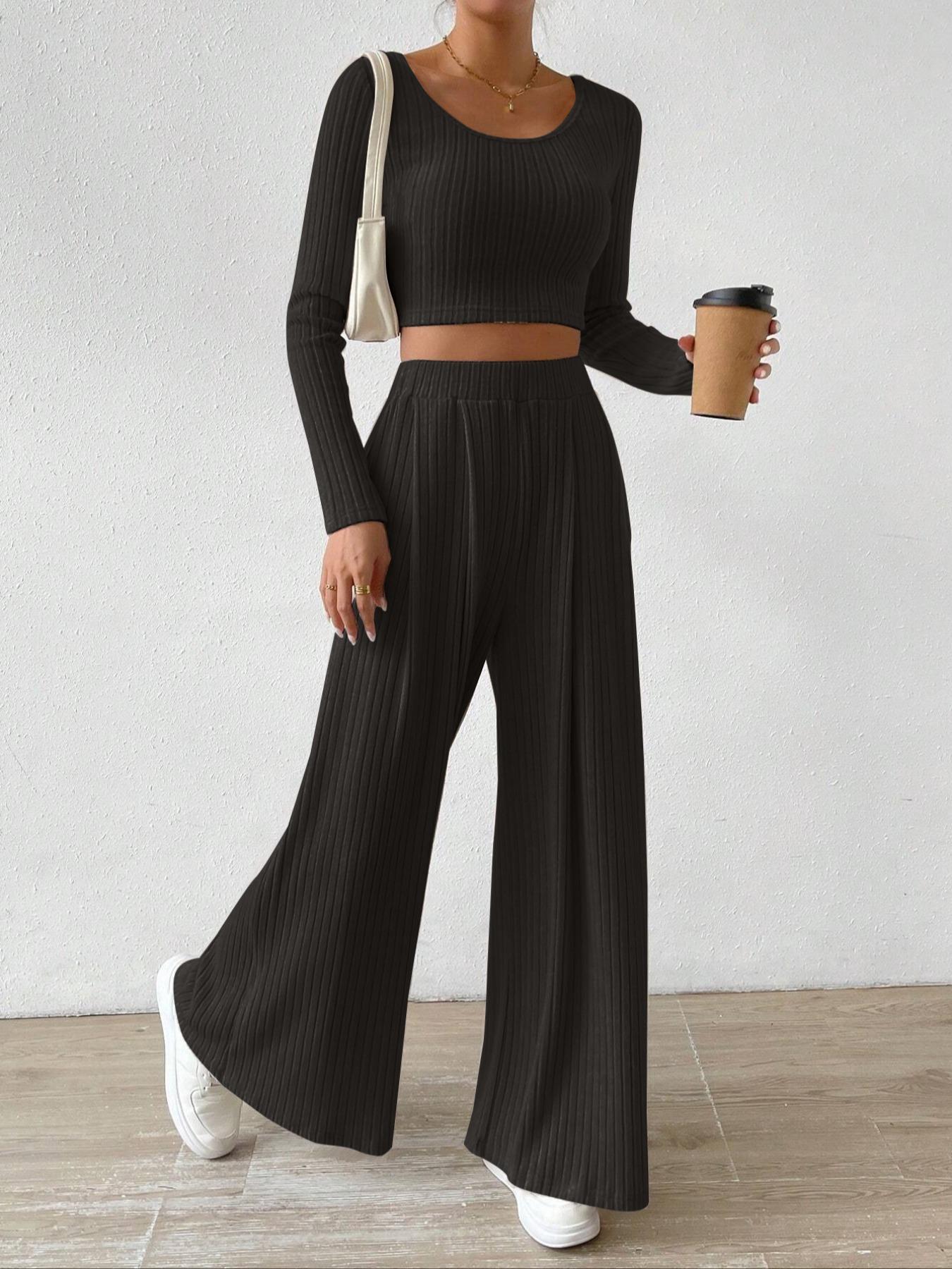 Women's Solid Ribbed Crop Tee & Loose Wide Leg Pants Two-Piece Set, Casual Long Sleeve Scoop Neck Top & High Waist Trousers for Fall & Winter, Women's Clothes for Daily Wear, Womenswear