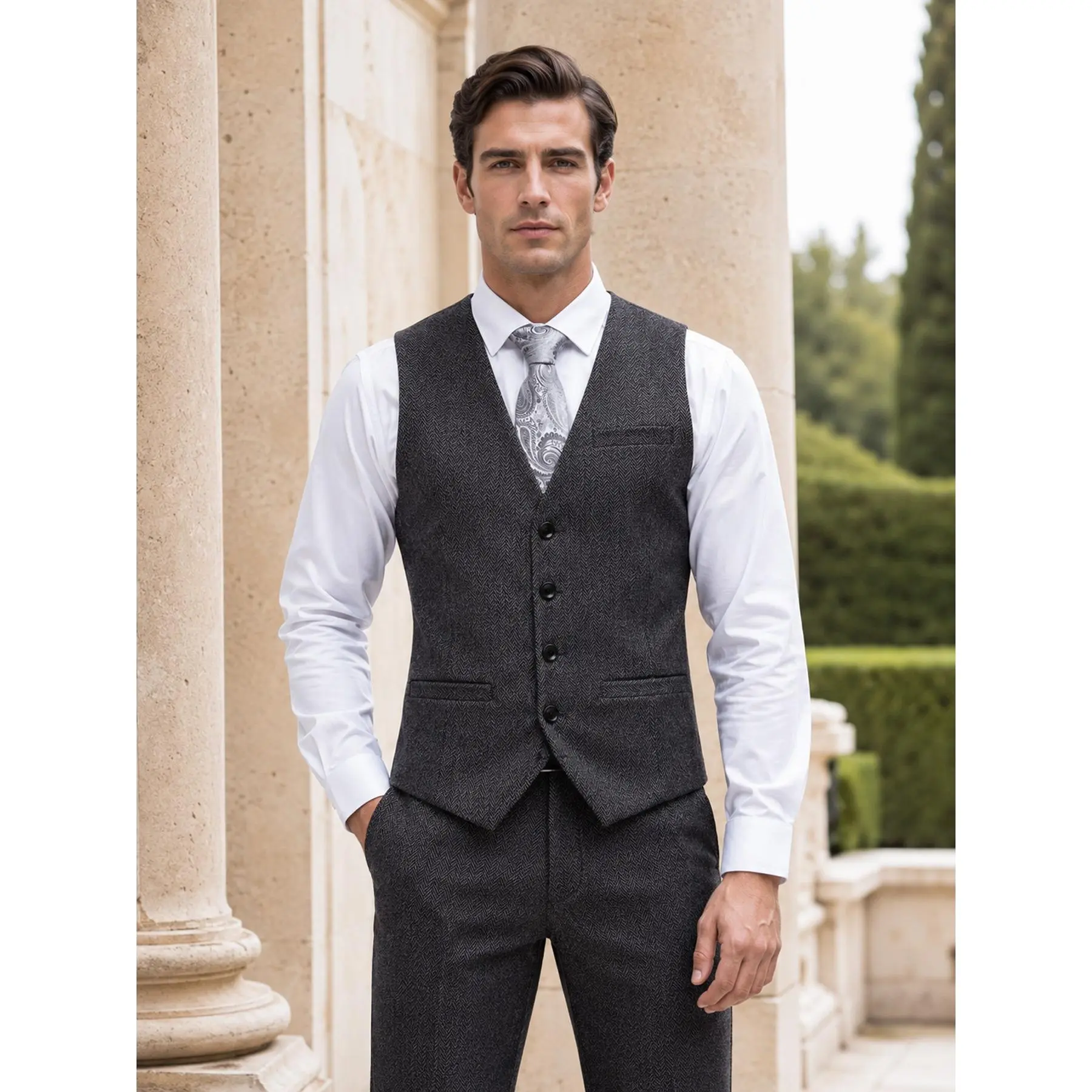 Men's Classic Herringbone Tweed Suit Vest - V-Neck Single-Breasted Slim Fit for Prom Wedding Business