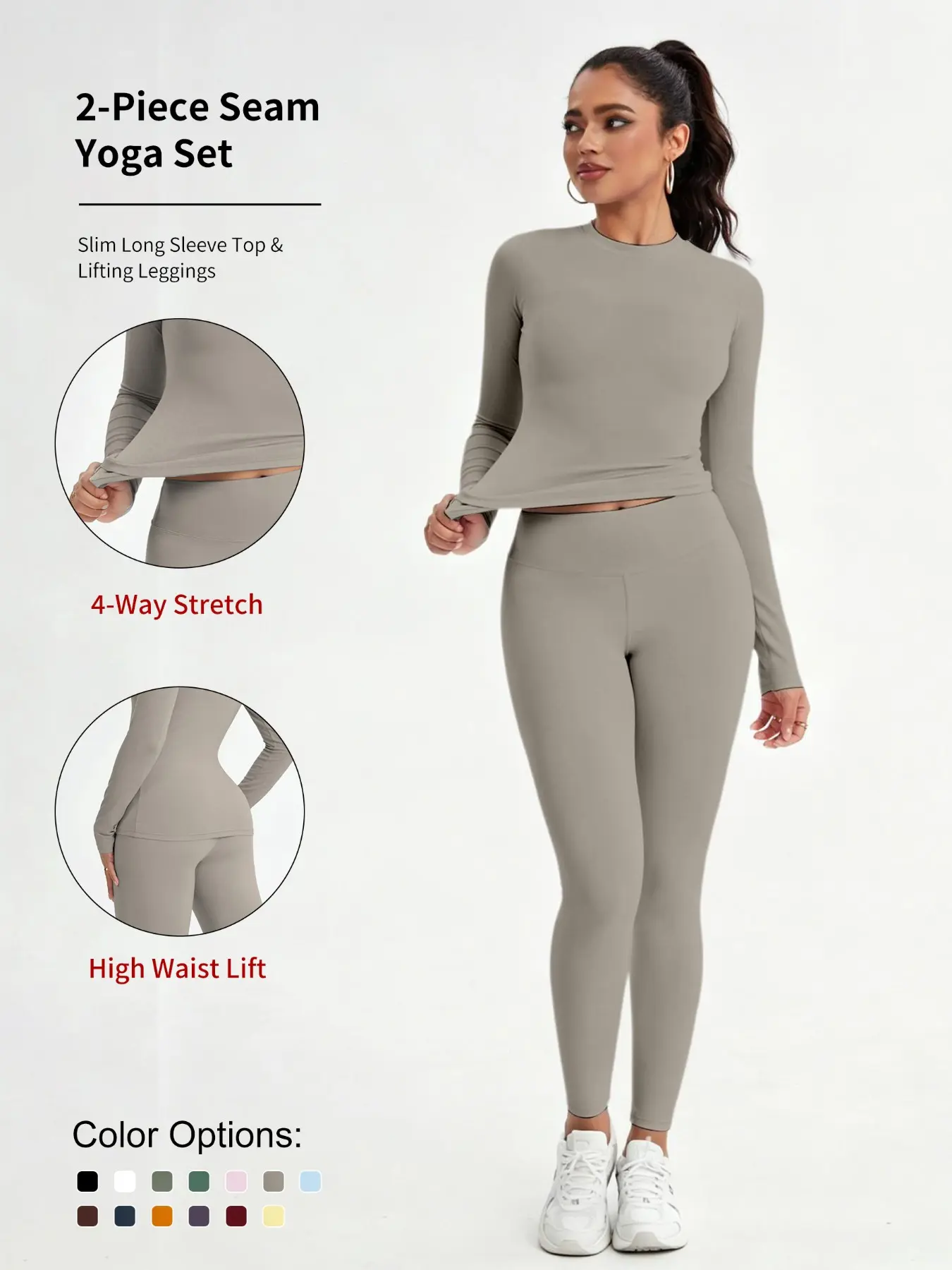 Women's Solid Color Sporty Suit, Long Sleeve High Stretch Yoga Top + Butt Lifting Pants, All Seasons, Outdoor Running, Indoor Pilates, Fitness Yoga Set