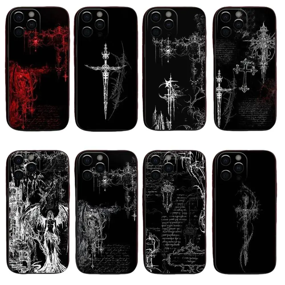 Gothic Cyber Sigil Cross Phone Case for iPhone 17e 17 promax 17 16 15 14 13 12 11 Mini Pro Max Air X XR XSMAX & Samsung Galaxy S26 S25 S24 S23 S22 S21 FE Ultra Plus EDGE shockproof Soft tpu black Silicone Back Cover Protective Cellphone