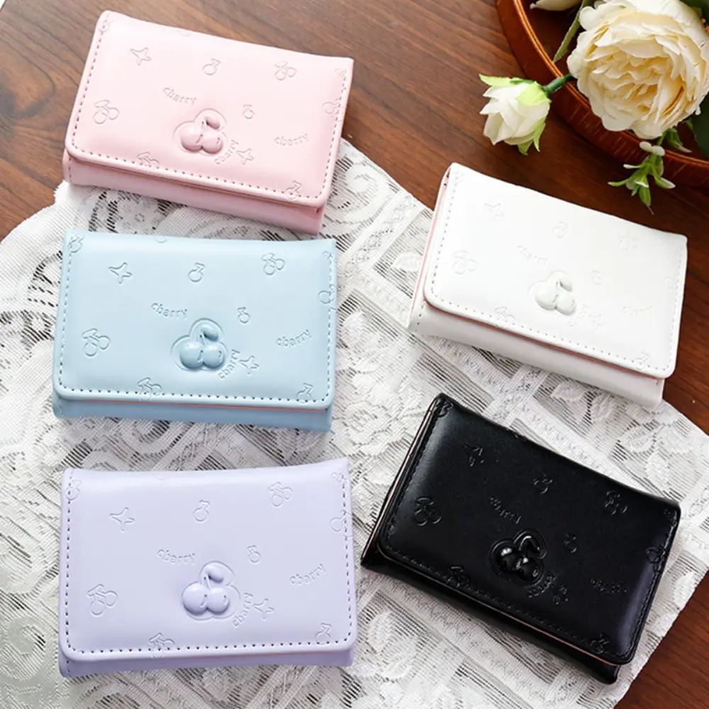Short Trifold Wallet for Women with 3D Cherry Decor, Embossed Faux Leather All Over Print, Mini Multi-Card ID Holder & Coin Purse, Foldable, 3D-Textured Women's Wallets, Card Handling Women's Wallets