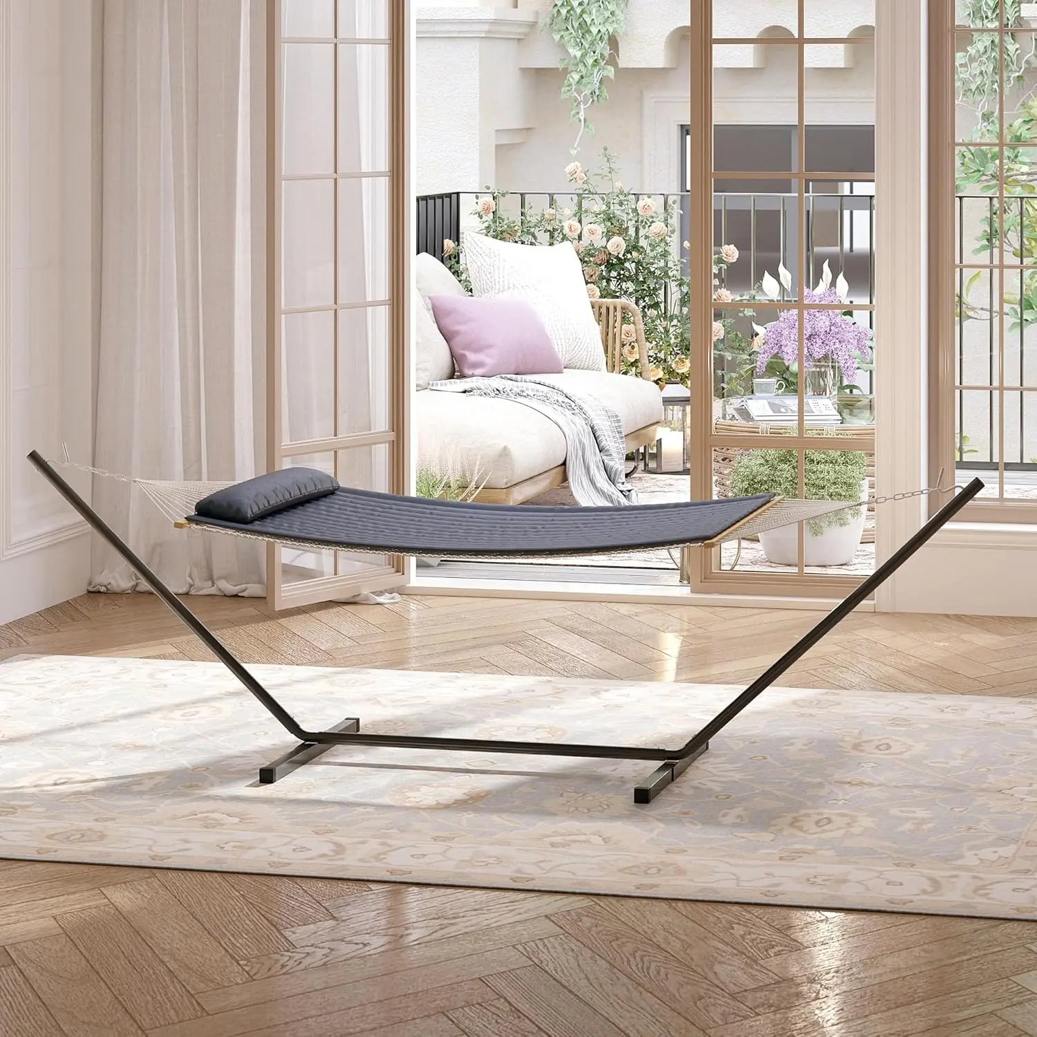 Garvee Double Hammock with Steel Stand, Space-Saving 204kg Capacity for 2 People - Durable Cotton, Included Pillow & Mattress - Portable for Outdoor Camping, Garden Use