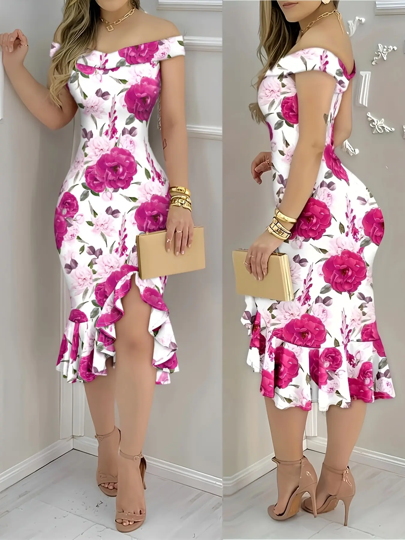 Floral Off-Shoulder Bodycon Dress, Waist-Cinch Slimming Ruffle Split Dress, Romantic Shoulder Design, Elegance, Perfect for Dates and Parties