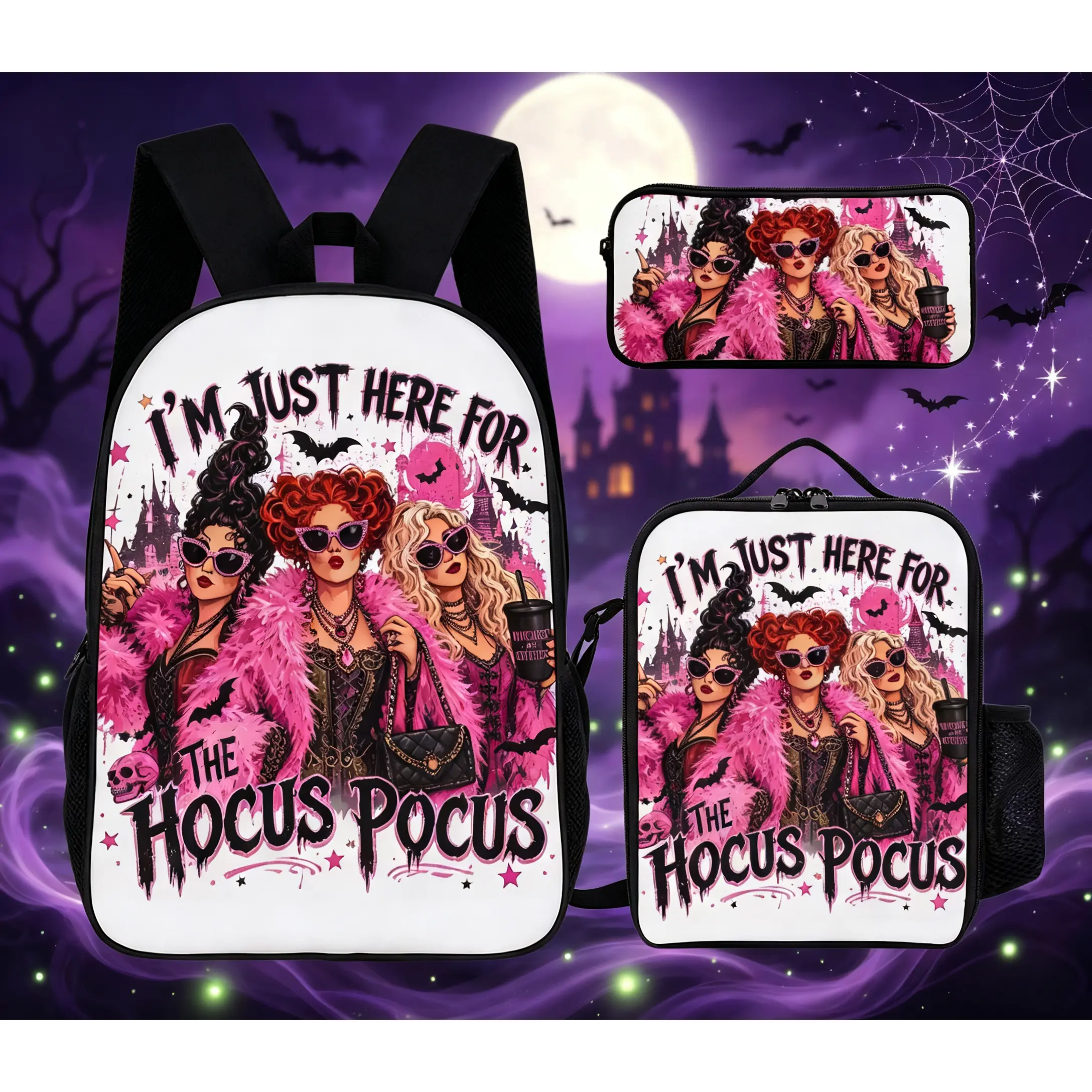 Hocus Pocus Themed Backpack And Lunch Bag Set White With Pink Witch Sisters Print I M Just Here For The Hocus Pocus Text Halloween Party School Travel Accessories