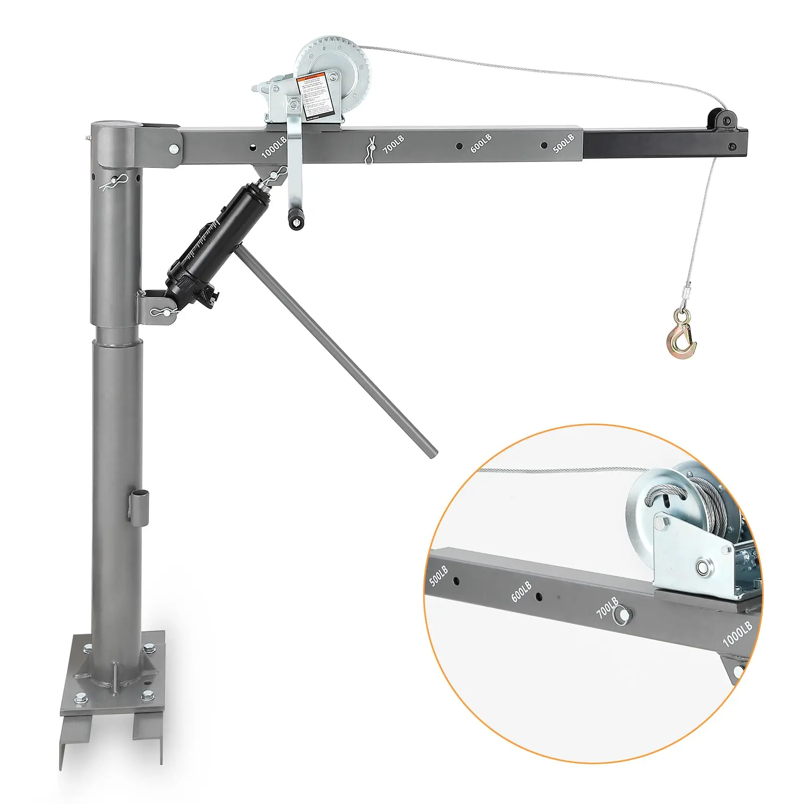 1000 LBS Pickup Truck Crane, Hydraulic Hoist with Manual Winch, 360° Swivel, 4 Adjustable Boom, Heavy Duty Truck Bed Crane for Factory, Warehouse, Construction, Industrial Lifting - Silver/Black