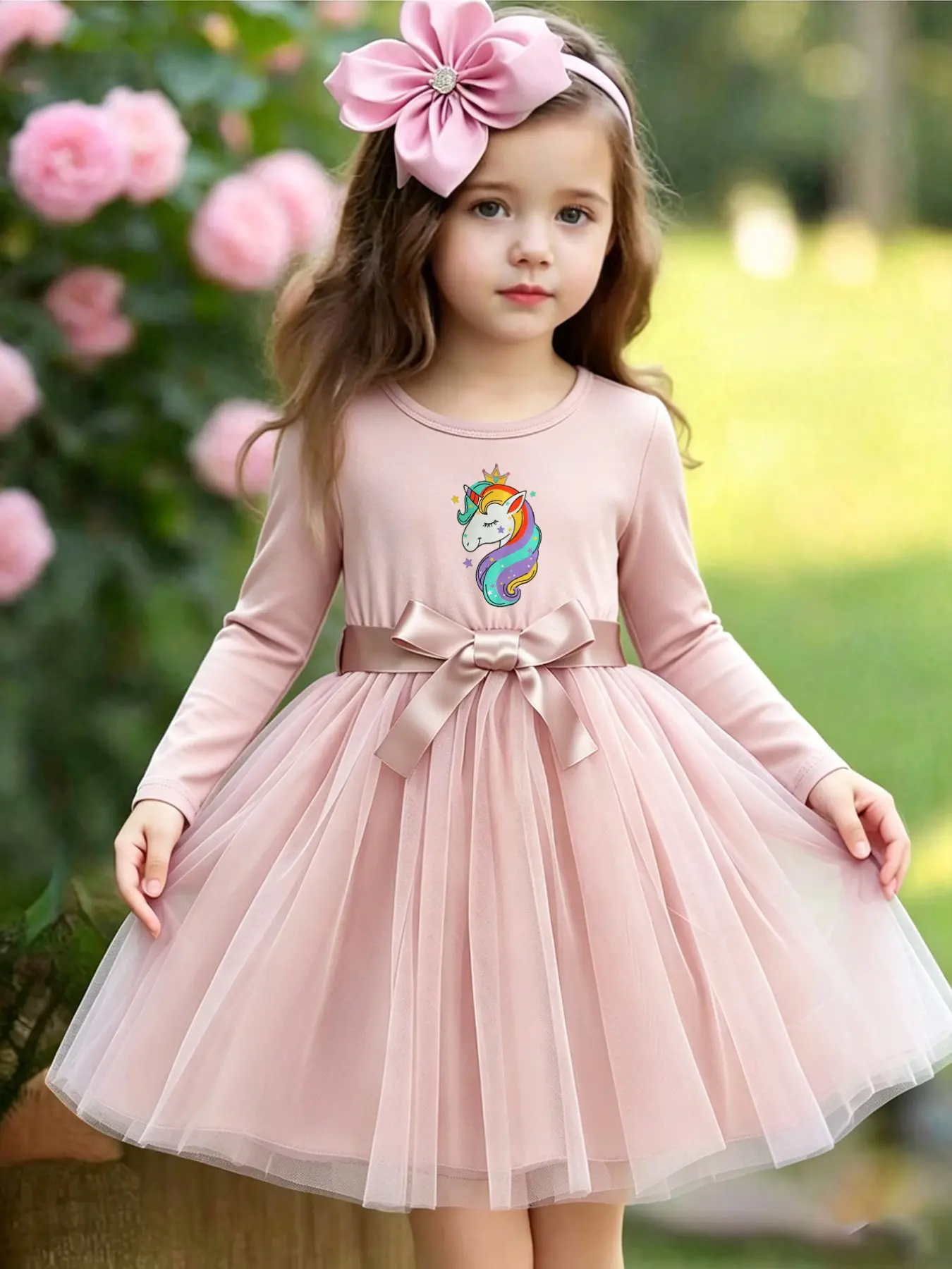 Autumn Girls' Unicorn Print Long Sleeve Dress, Bow Waist Tutu Princess Skirt, Suitable for 2-13 Year Old Little Girls