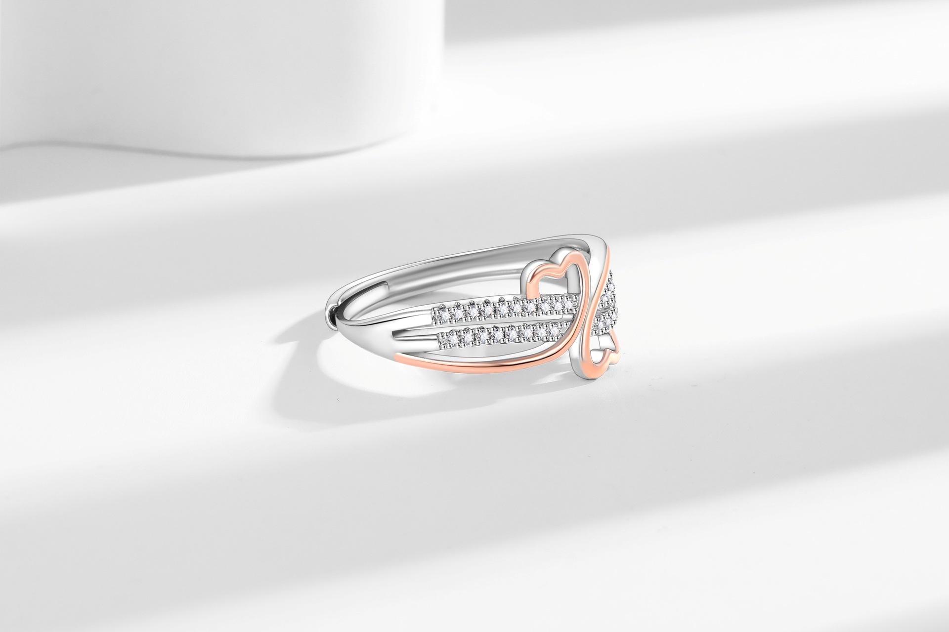 Two-Tone Rose Golden Double Heart Ring For Women Inlaid With Zircon Simple Wave Dainty Ring Band Adjustable Open Unique Stacking Rings