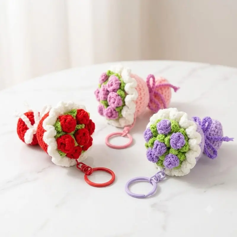 Exquisite crochet flower keychain/bag charm—a crochet rose bouquet design—perfect as a handbag accessory for women, mothers, or wives