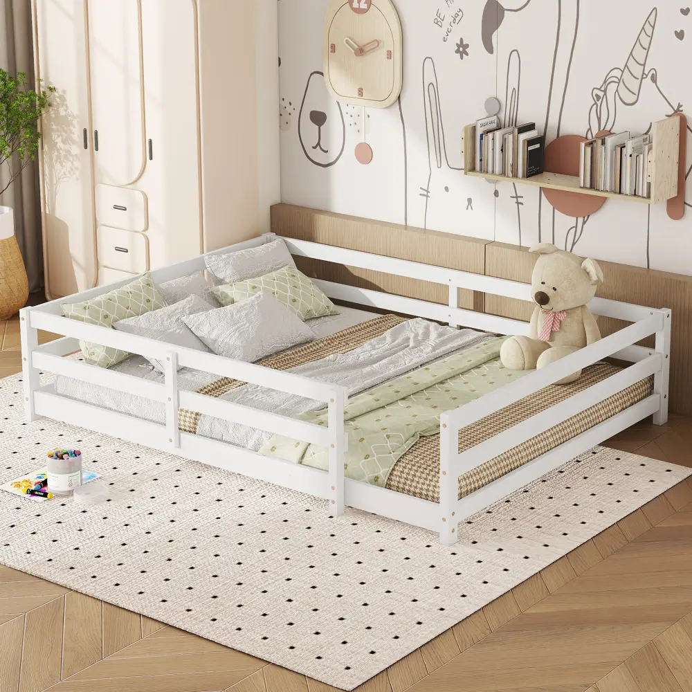 Full Size Wood Frame Montessori Bed with Safety Fence, No Slats included,Kids' Children's Furniture for Boys and Girls, White