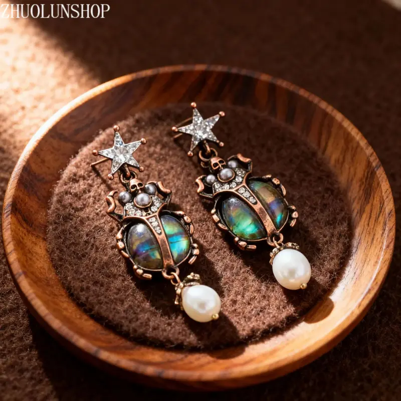 Women's Vintage Egyptian-Style Scarab Beetle Drop Dangle Earrings with Abalone Shell Pendant, Nickel-Free Skin-Friendly Lightweight Alloy, Gothic Aesthetic Halloween Statement Costume Jewelry Gifts