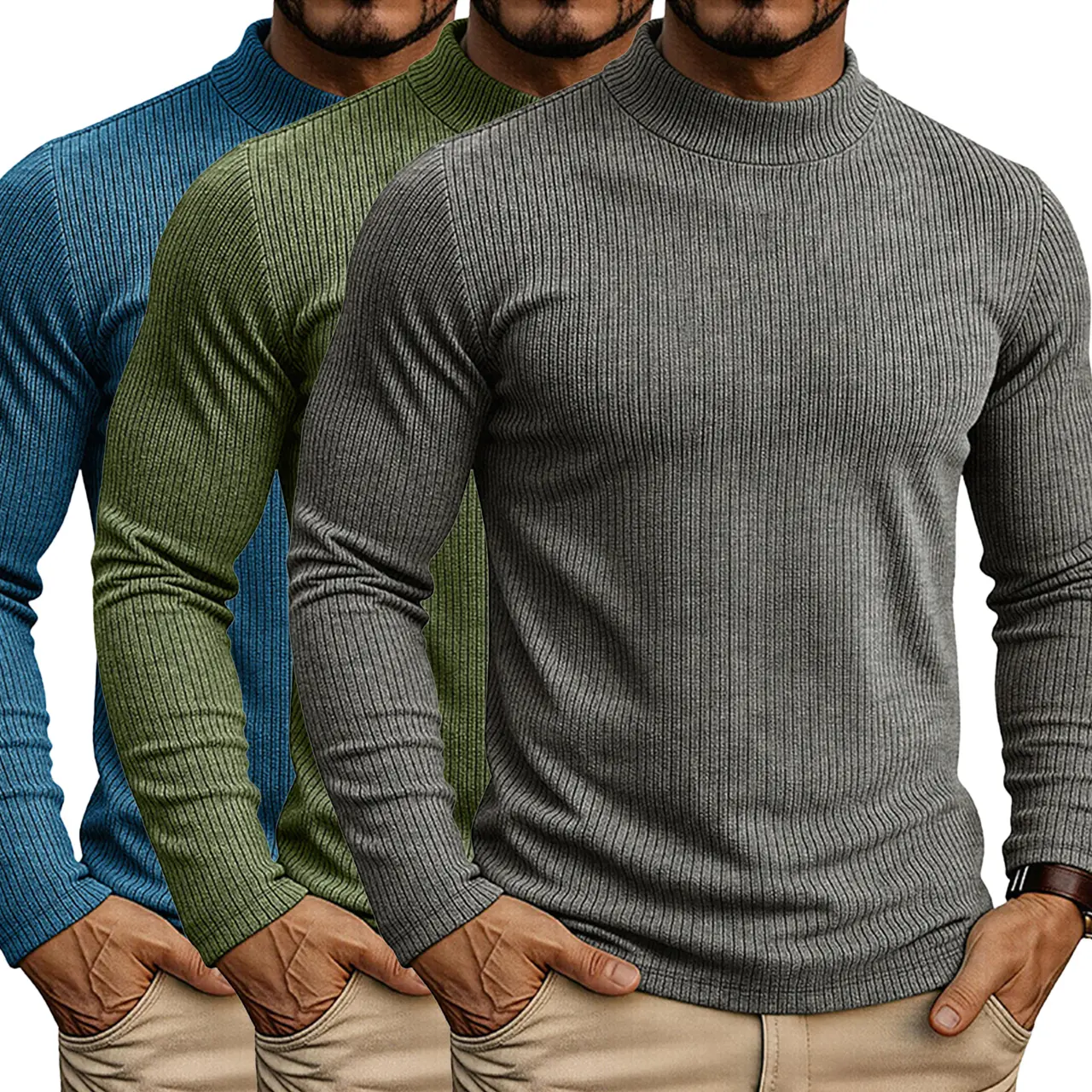 2/3 Pack Men's Stand Collar Long-Sleeve Knit Base Layer, Minimal Tops with Neat Detailing for Everyday Wear and Commute-Friendly Styling.