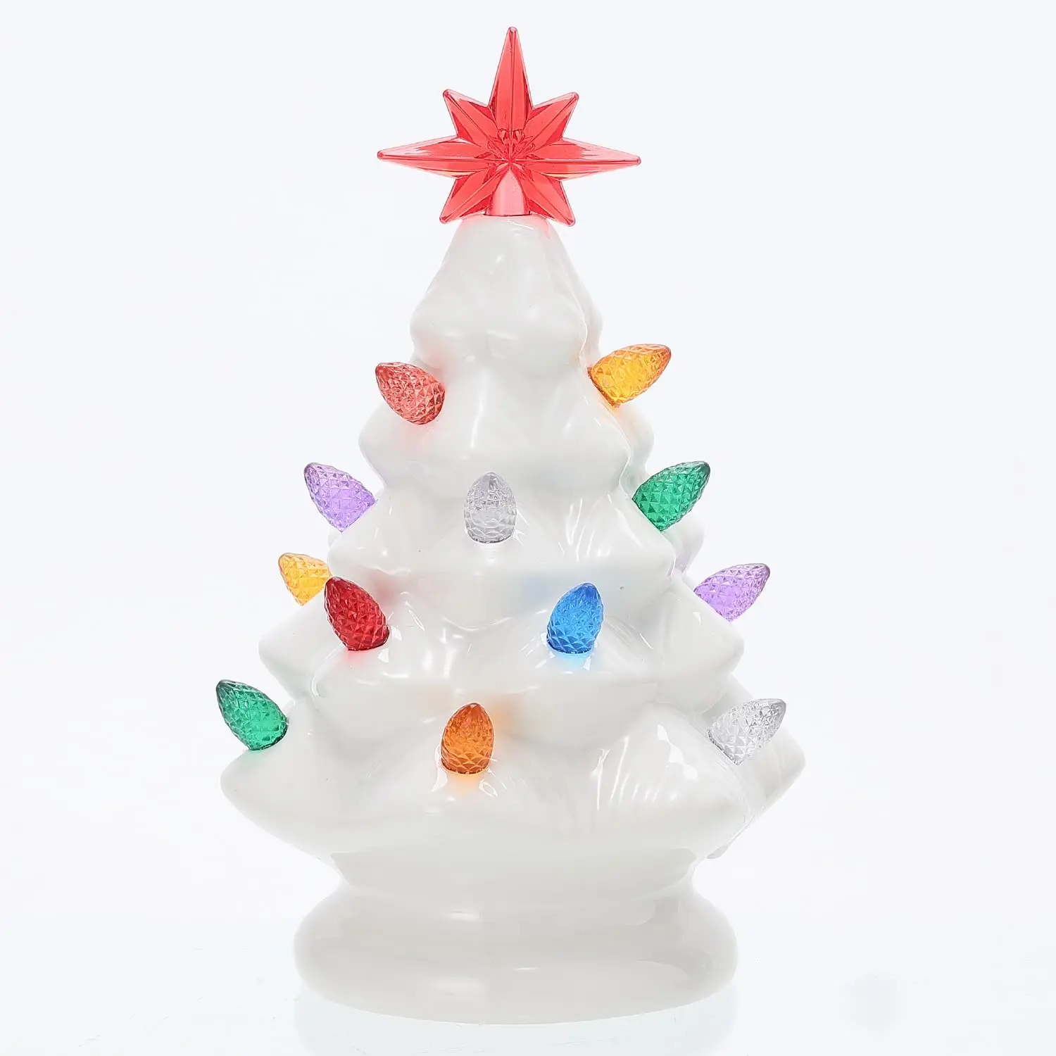 Ceramic Christmas Tree, 7 inch, LED Light Up, White Pre-Lit Taletop Holiday Decoration