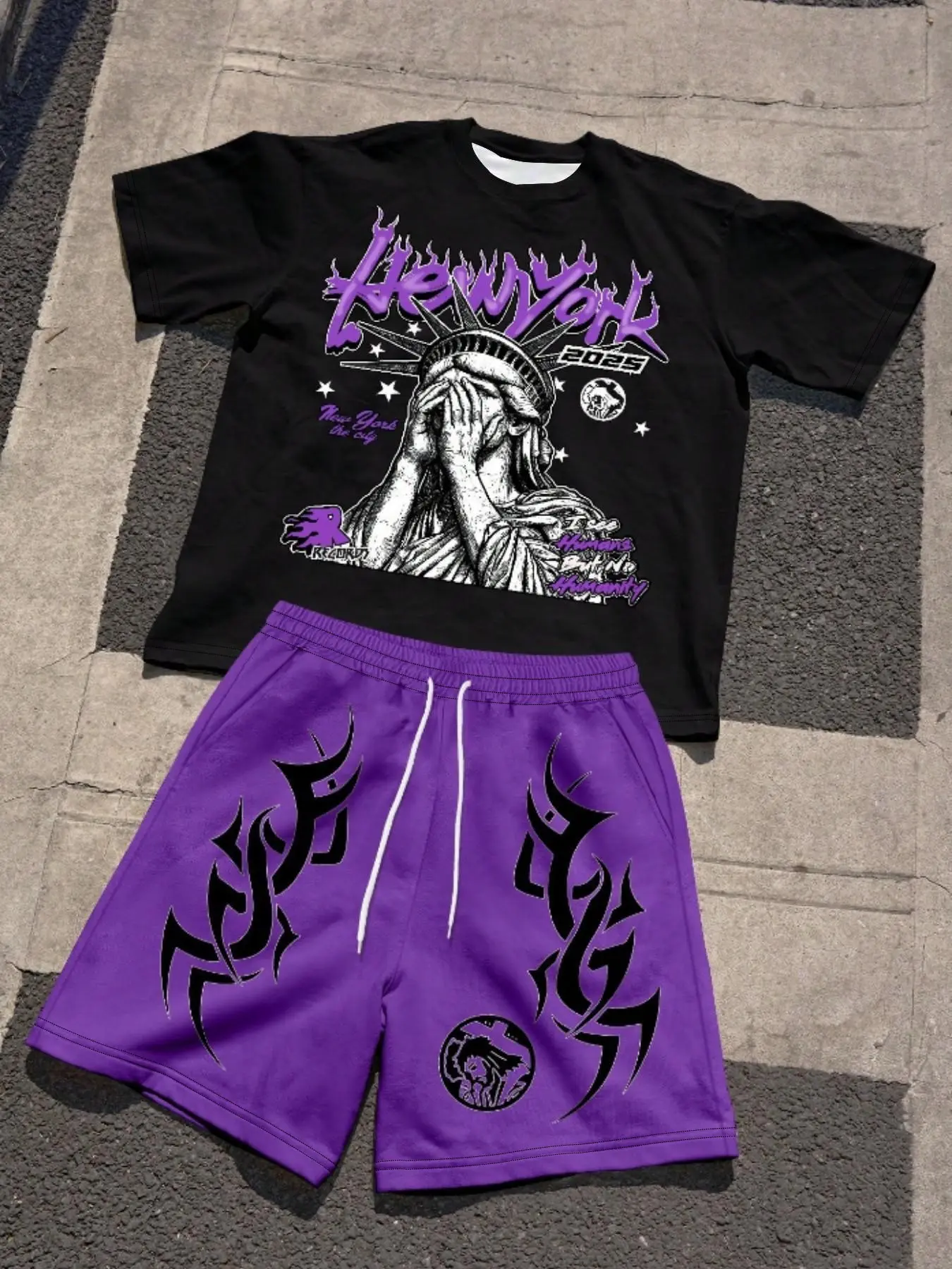 Unique Street Style Dark Goddess Print Tee, Totem Shorts Casual Set, All-Over Print Fitted Top, Breathable, No Button Zipper Collar, All Seasons Clothes