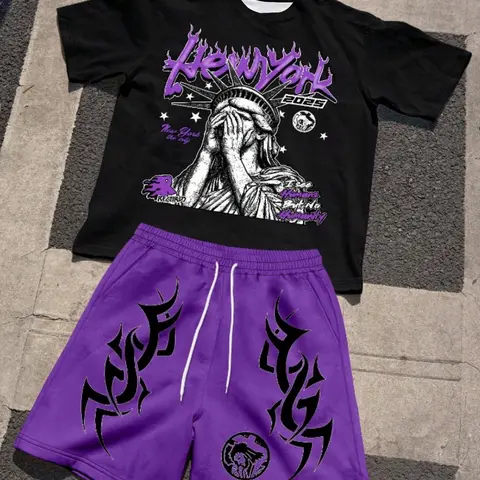 Unique Street Style Statue of Liberty Print Tee & Totem Shorts Two Piece Set, Casual Fitted Top, Breathable, All-Season Wear