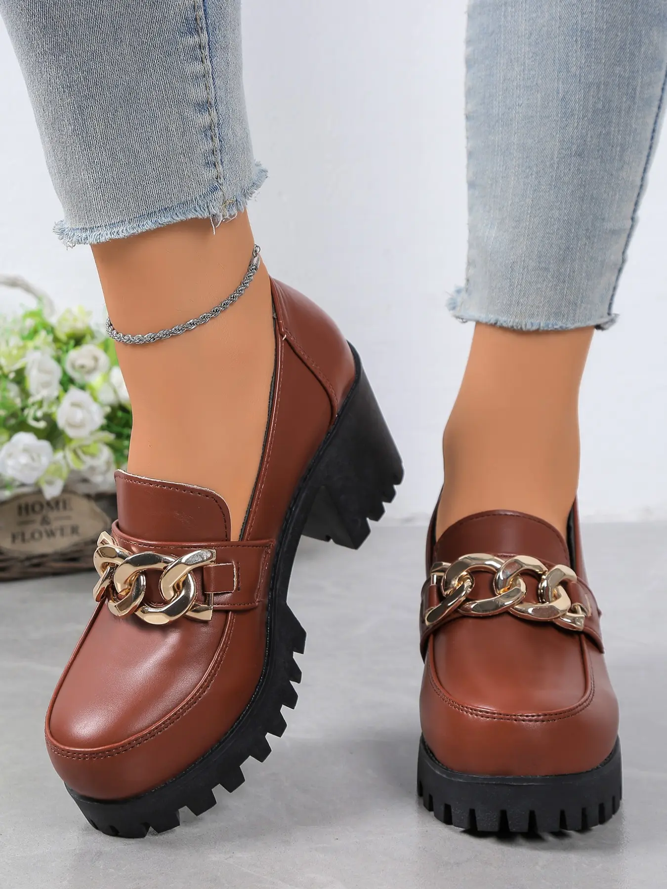 Women's Thick Sole Loafers with Metal Chain Decoration, British Style Chunky Heel Leather Shoes, Perfect for Daily Wear, Commute, Campus