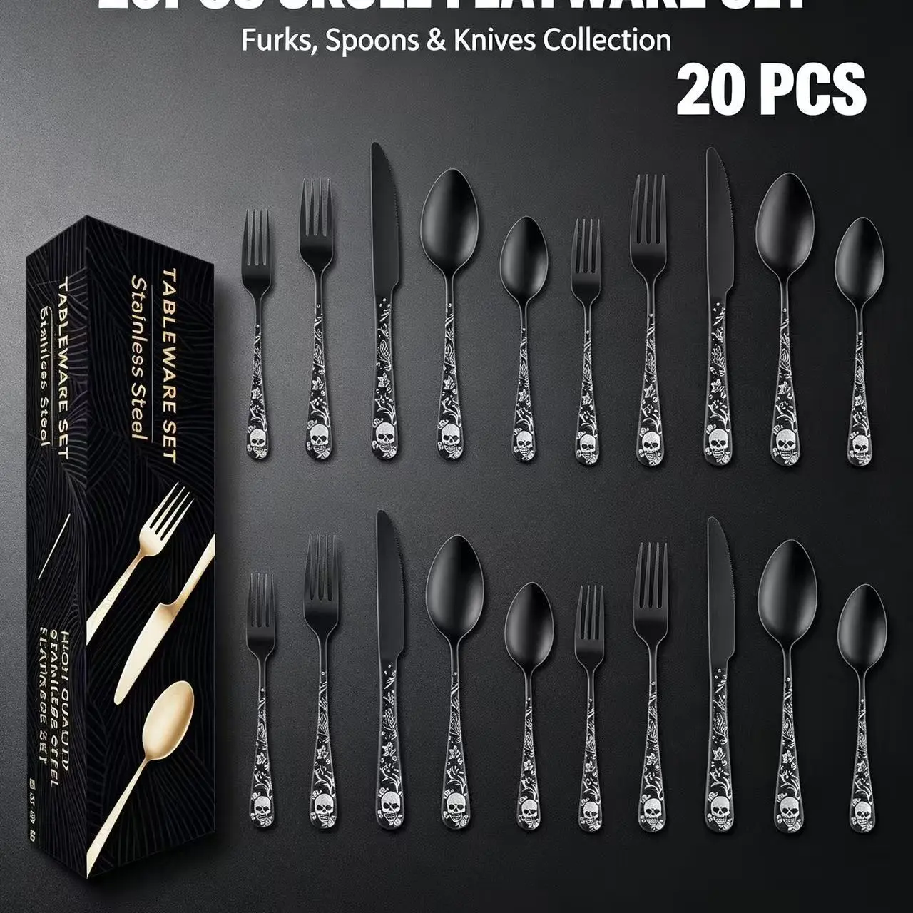 Dark Skull Stainless Steel Cutlery Set, 5/20/30/40/50 Pieces, Halloween Luxury Gift, Fork Spoon Knife Combination, Multiple Sizes Available