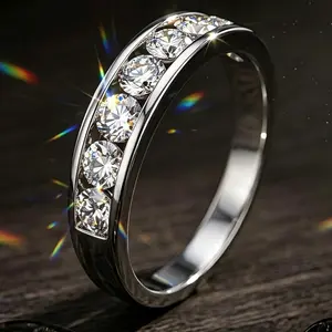 Channel Set Half Eternity Band Silver Plated Ring Brilliant Round Cut Moissanite Stackable Minimalist Wedding Promise Band Unisex Fashion Jewelry Sizes 6-13