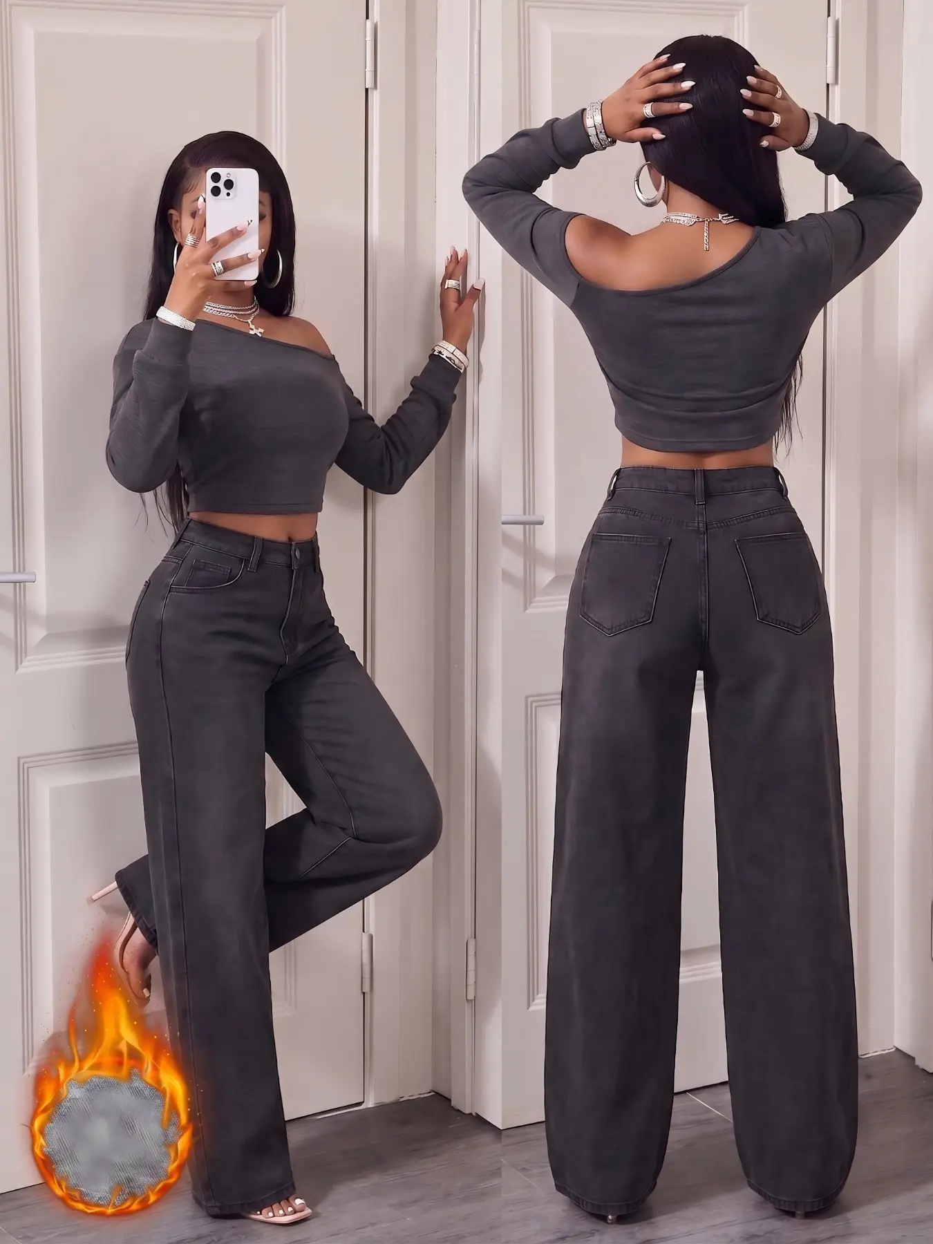 Women's New Arrival Fall Winter School Basic Fleece Mid-Waist Pocket Loose Wide Leg Casual Jeans, Trendy and Comfortable