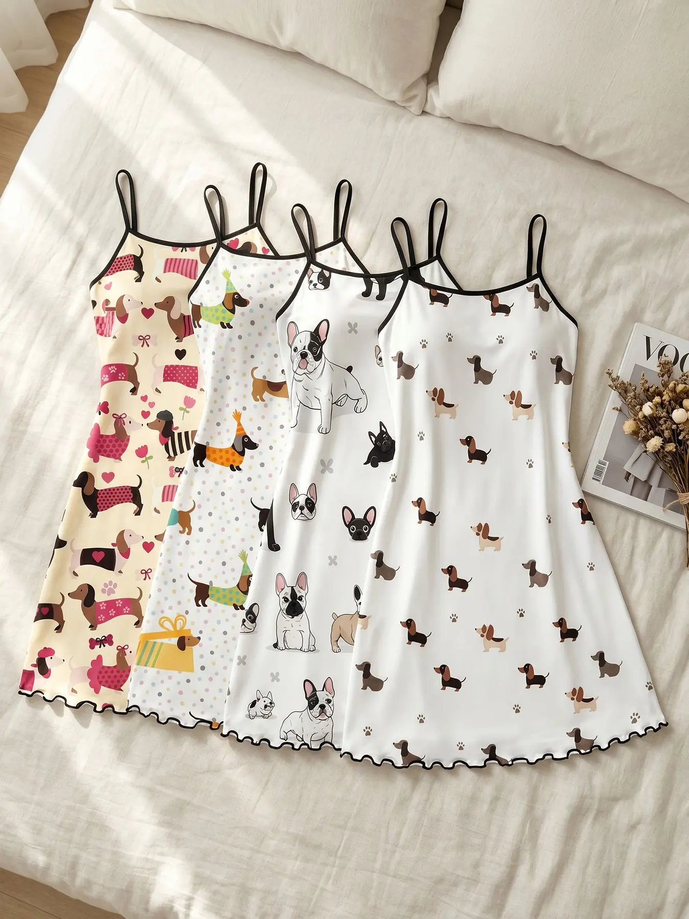 Women's 4 Pack Cami Nightgown Set, All Seasons Wearable, Cartoon Dachshund Bulldog Print, Wavy Ruffle Hem, Playful Healing Style, Loose Fit for Loungewear & Casual Photos