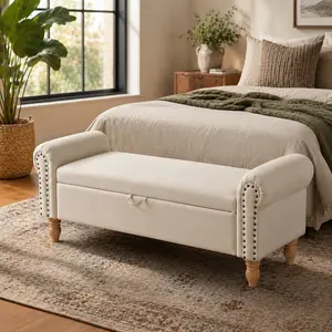 Storage Ottoman Bench with Rolled Arm, Upholstered Fabric Footstool, Solid Wood Legs, Hidden Storage Compartment, End of Bed Bench for Living Room, Entryway, Bedroom, Beige, Indoor Furniture